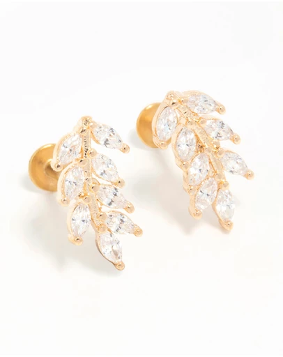 Lovisa - Gold Plated Surgical Steel Cubic Zirconia Leaf Flat Back Earrings