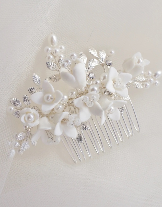 The White Collection - Cora - Freshwater Pearl and Floral Detail Silver Bridal Comb