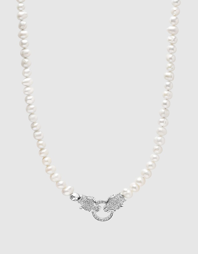 Nialaya Jewellery - Pearl Choker with Double Panther Head in Silver