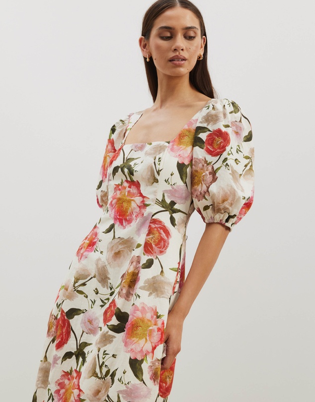 Atmos&Here - Ava Linen Blend Puff Sleeve Maxi Dress