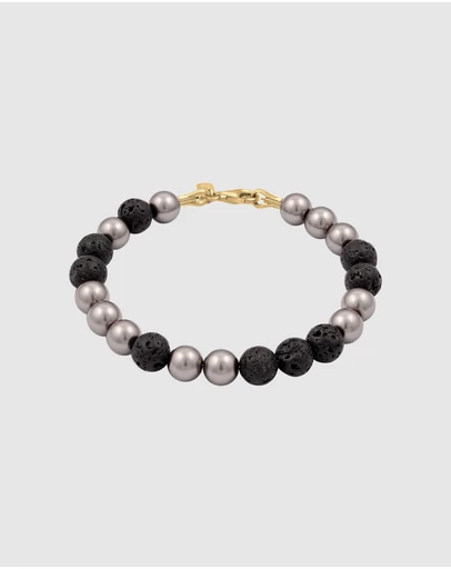 Kuzzoi - ICONIC EXCLUSIVE - Bracelet Male Ball Lava Synthetic Pearl Grey Black 925 Sterling Silver Gold Plated
