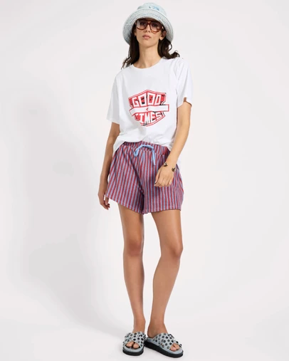 ONE TEASPOON - Terry Towel Drawstring Beach Shorts - Red Blue Striped