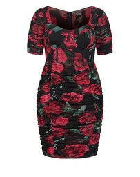 City Chic - Plus size Bustier Rose Print Ruched Dress - black