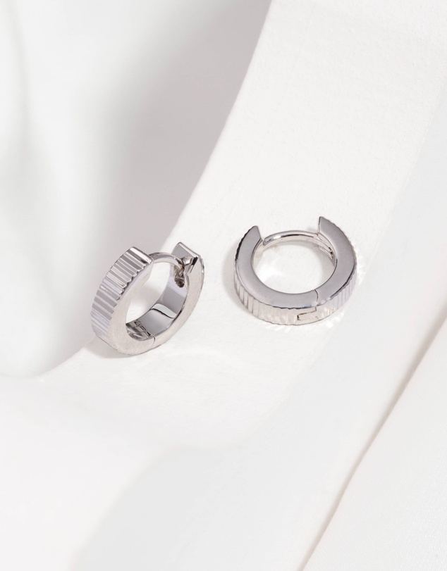 Wanderlust + Co - Ribbed Bar Silver 8mm Baby Huggie Earrings
