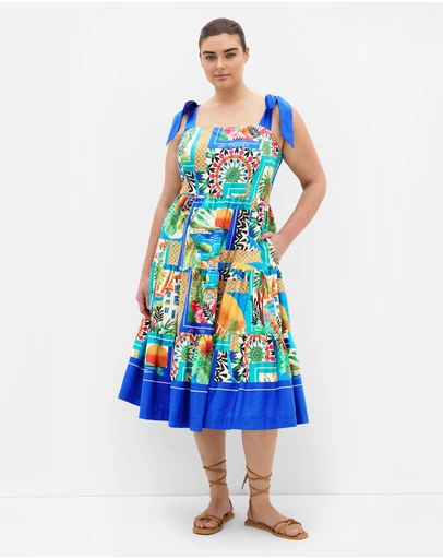 City Chic - Plus size Holiday Tuscan Print Midi Dress - blue