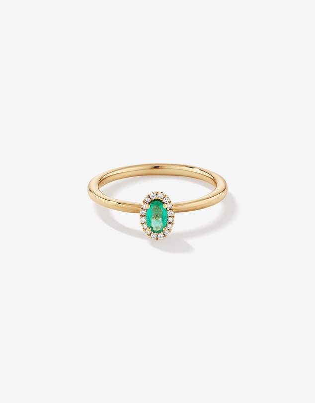 Michael Hill - Oval Cut Green Emerald Gemstone and 0.08 Carat TW Diamond Halo Ring in 10kt Yellow Gold