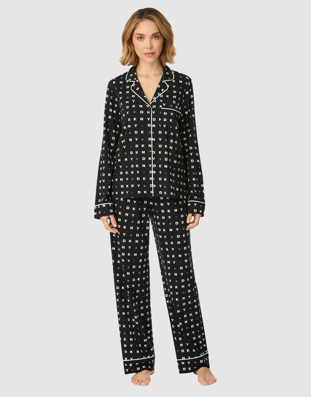 DKNY - Cotton & Viscose Jersey Button-Up Long Sleeve Long Pyjama Set