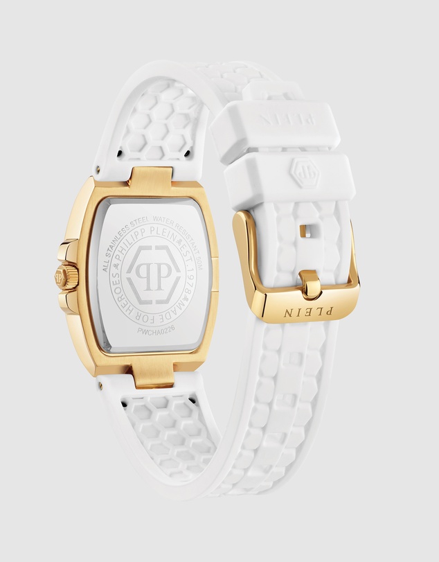 Philipp Plein - Philipp Plein Supreme 30mm Silver White Dial Gold-Tone Silicone Strap Watch
