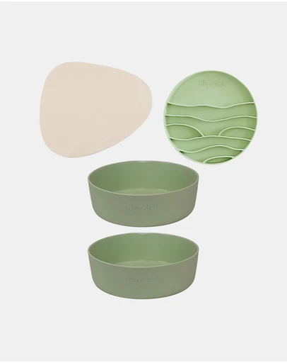 Lilly + Dash - Dog Eat and Drink Set – 2 Bowls + Lick Insert + Sand Placemat Set