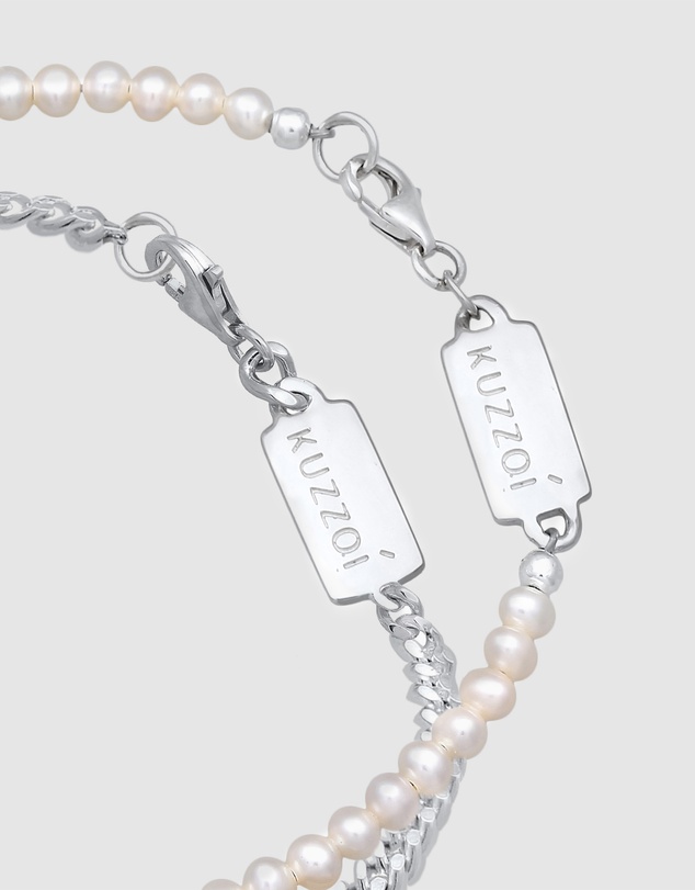 Kuzzoi - ICONIC EXCLUSIVE - Curb Chain and Pearl Bracelet Set in 925 Sterling Silver