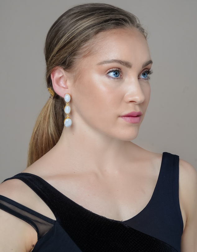Meshca - 3 Stone Rainbow Moonstone Earrings