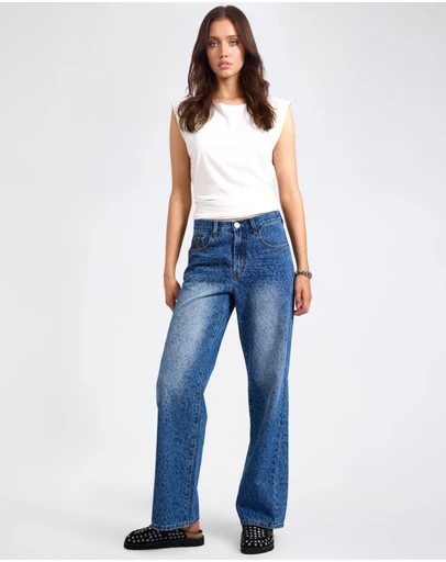 ONE TEASPOON - Jackson Mid Waist Wide Leg Denim Jeans - Blue Animal