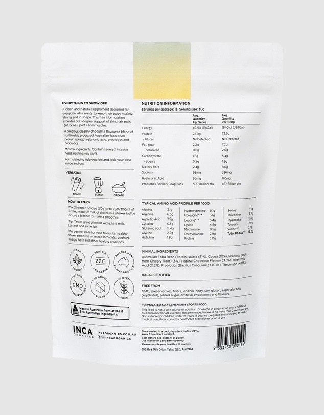 Inca Organics - Skin Body Gut Plant Protein + Hyaluronic Acid + Pre & Probiotics (Chocolate)