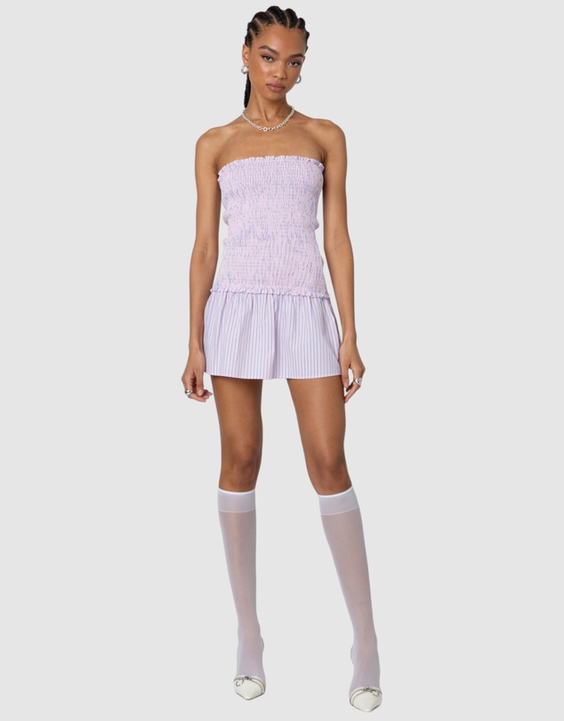 EDIKTED - Striped Scrunch Strapless Mini Dress
