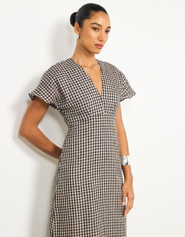 AERE - Ciela Gingham V Neck Linen Midi Dress