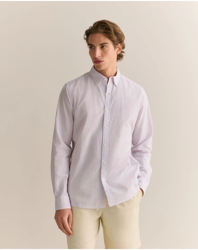 Trenery - Regular Fit Cotton Seersucker Stripe Shirt in Wedgewood Blue