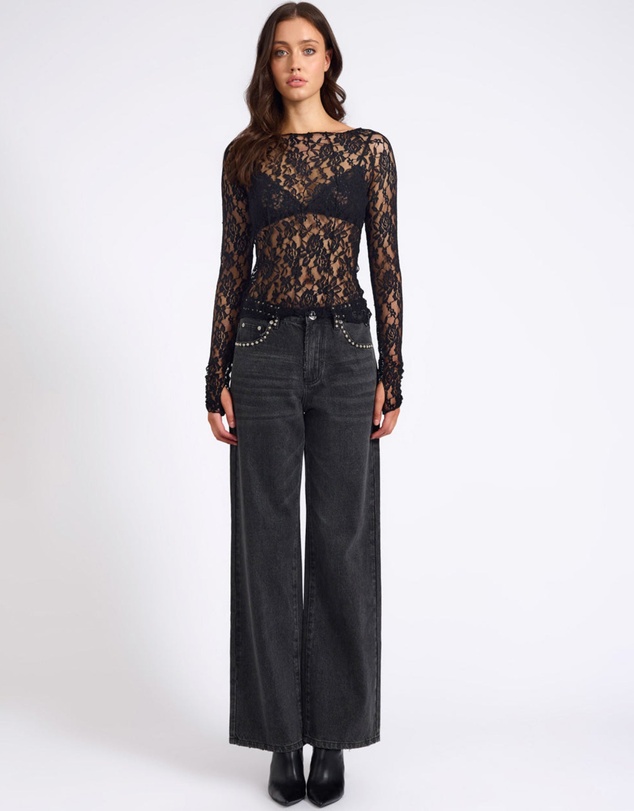 ONE TEASPOON - Wednesday Lace Long Sleeve Top - Black