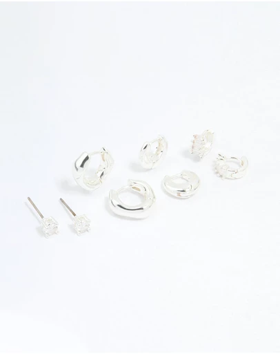 Lovisa - Silver Plated Brass Cubic Zirconia Baguette Hoops & Stud Earrings 4-Pack