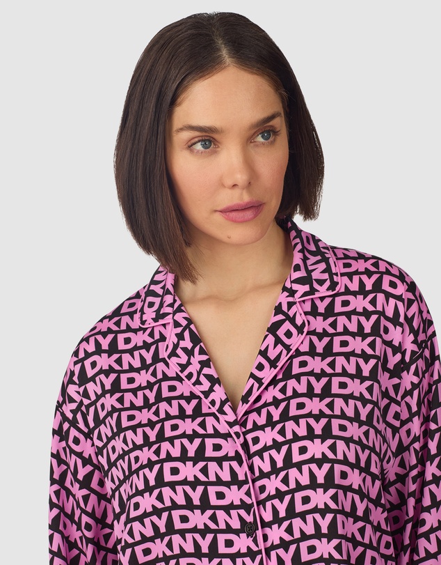DKNY - Printed Satin Button Up Long Sleeve Long Pyjama Set