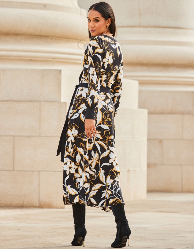 Sosandar - Floral Print Contrast Trim Midi Wrap Dress