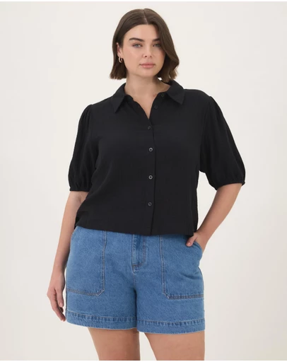 Atmos&Here Curvy - Crinkle Cotton Puff Short Sleeve Top