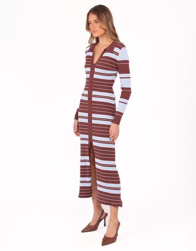Petal & Pup - Eliana Long Sleeve Midi Dress - Brown Blue Stripe