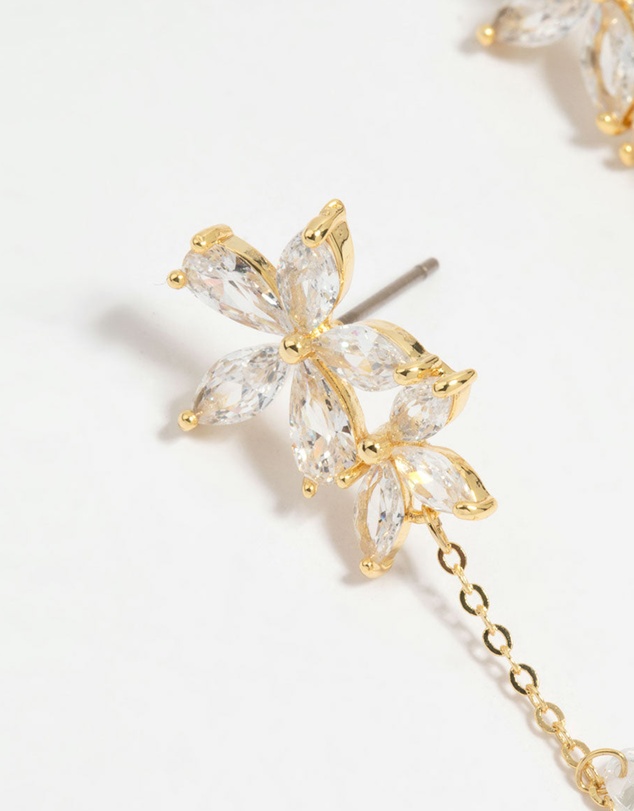 Lovisa - Gold Plated Cubic Zirconia Flower Chain Drop Earrings