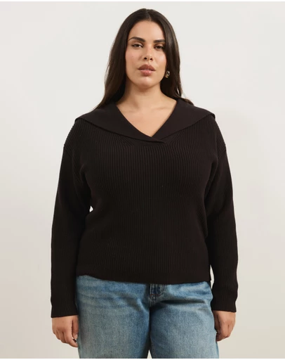 Atmos&Here Curvy - Nori Oversized V-Neck Knit Jumper