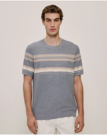 Trenery - Cotton Linen Stripe Knit T-shirt in Grey Melange