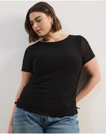 Atmos&Here Curvy - Maya Mesh Cap Sleeve Boat Neck Top