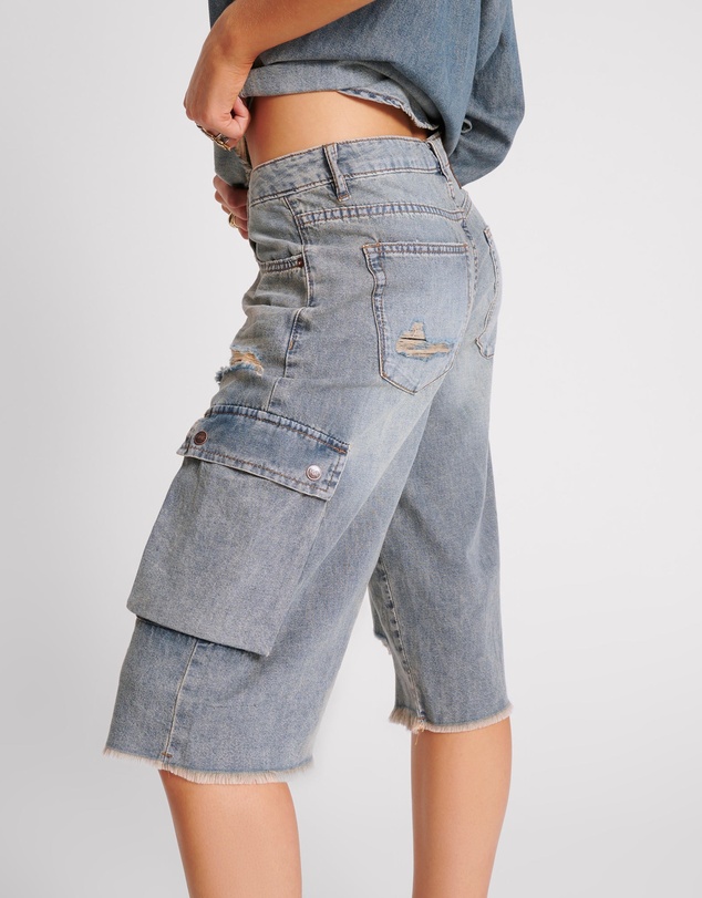 ONE TEASPOON - Skater Girl Low Waist Super Long Leg Denim Jorts - Dirty Blue