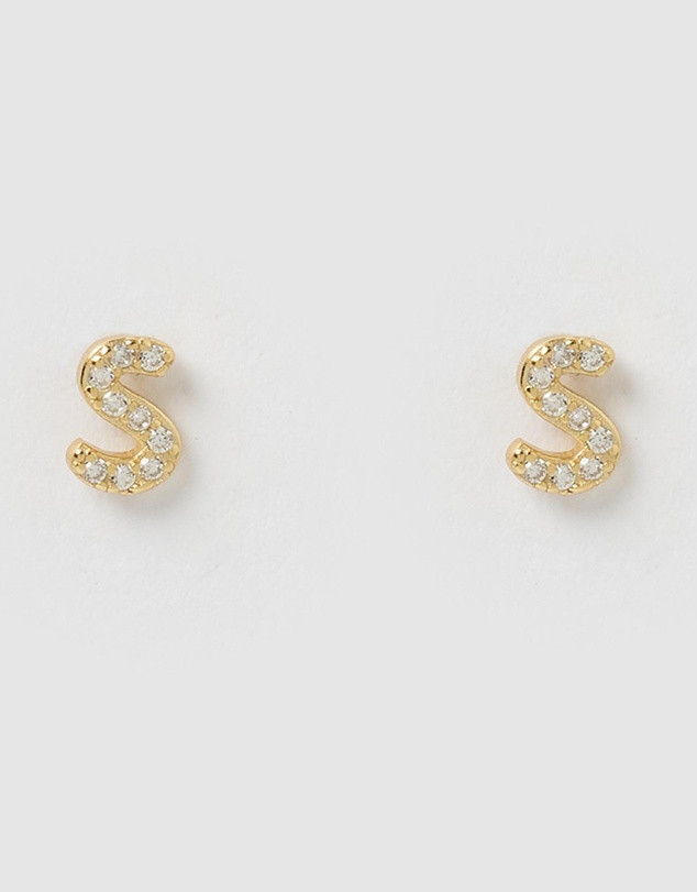 Izoa - Alphabet Mini Letter S Stud Earrings Gold