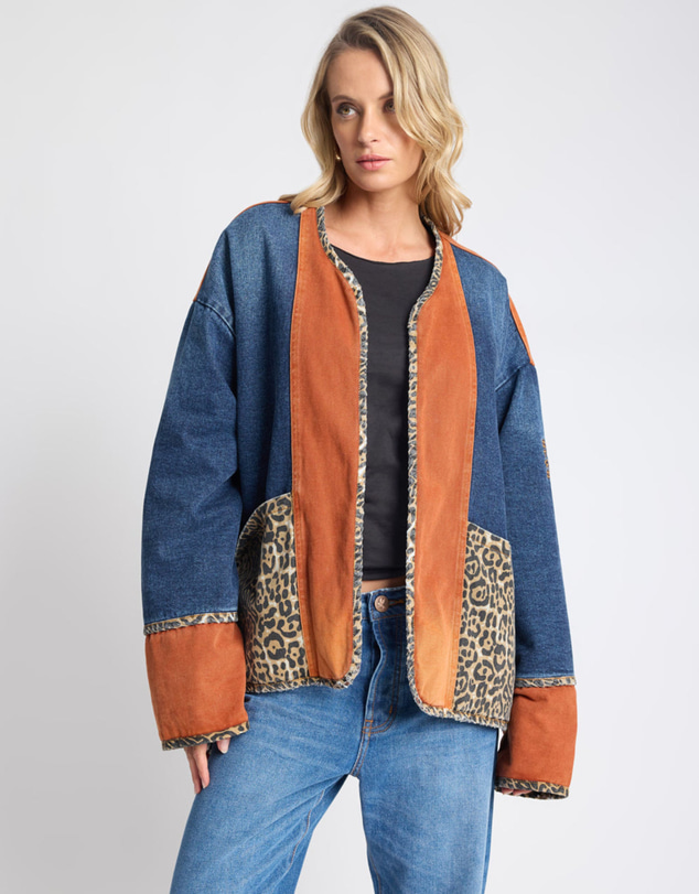 ONE TEASPOON - Bang Bang Reversible Colour Blocked Denim Wadded Jacket - Animal Blue Rust