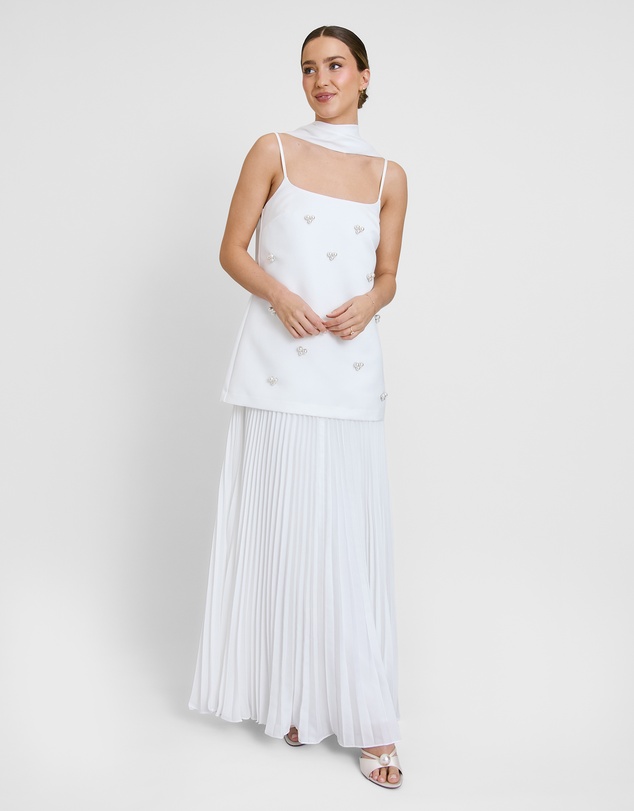 Six Stories - Embellished Pearl Strappy Maxi Dress with Neck Scarf