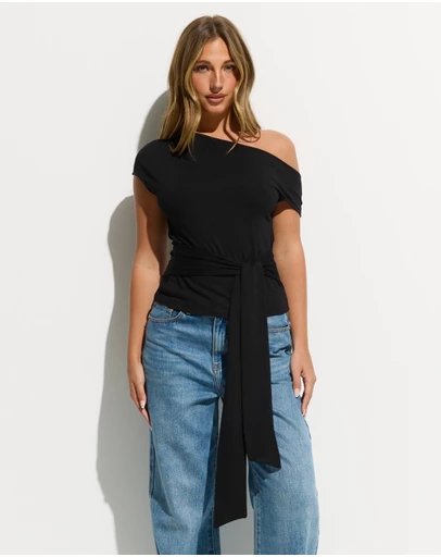 Dazie - Adored Tie Waist Off Shoulder Top