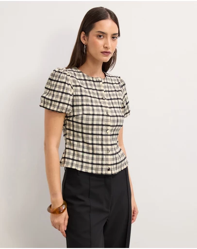 The Fated - Adela Check Puff Sleeve Top