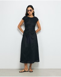 AERE - Lucia Ruched Linen Midi Dress