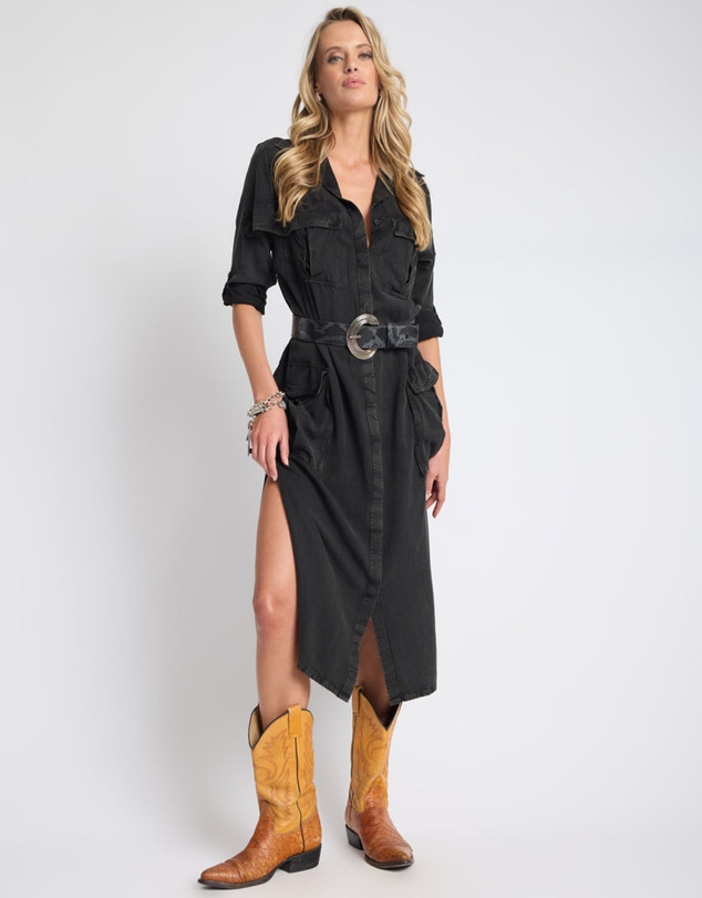 ONE TEASPOON - Crushed Midi Shirt Dress - Black