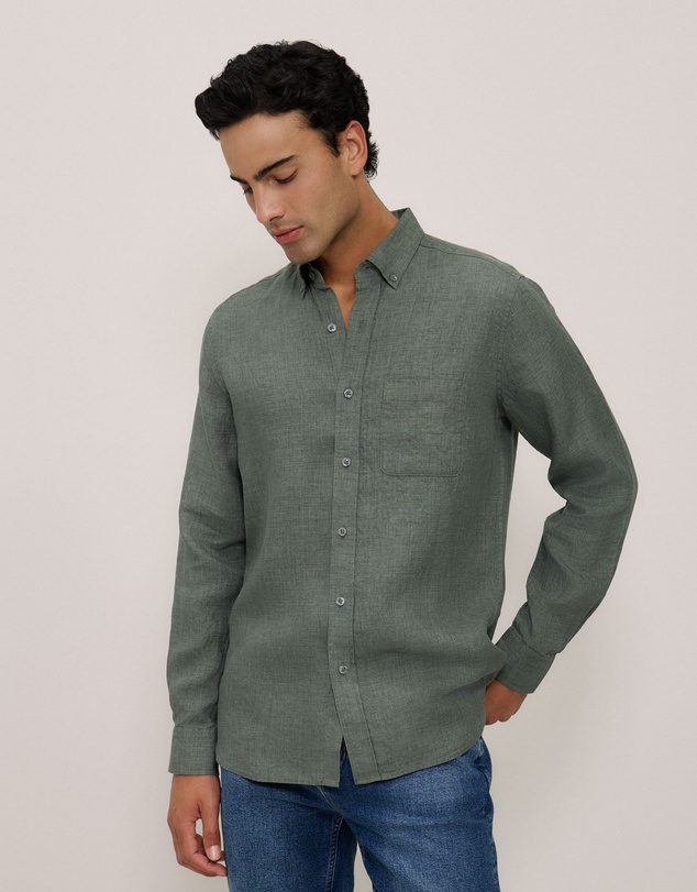 Trenery - Regular Fit Delave Linen Shirt in Evergreen