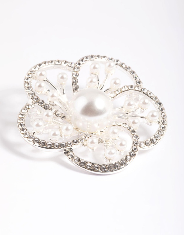 Lovisa - Silver Diamante Pearl Flower Brooch