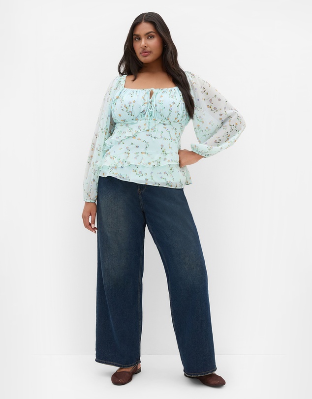 City Chic - Plus size Ruffle Ditsy Print Top - cool mint