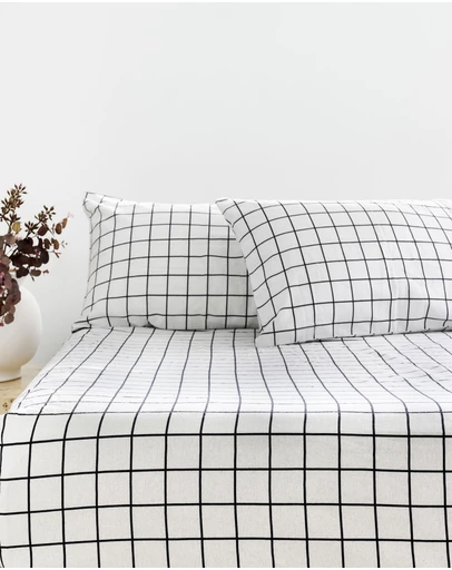 Bambury - Grid Black Flannelette Fitted Sheet Set