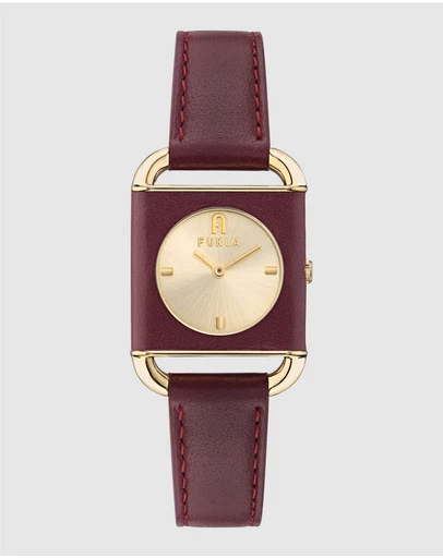 Furla - Arco Square Gold-Tone Dark Red Leather Watch