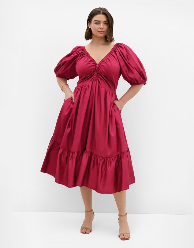 City Chic - Plus size Gracie V Neck Cotton Midi Dress - raspberry