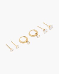 Lovisa - Waterproof Gold Plated Stainless Steel Cubic Zirconia Hoop & Stud Earrings 3-Pack