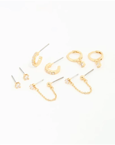 Lovisa - Gold Plated Cubic Zirconia Dainty Chain & Huggie Earrings 4-Pack