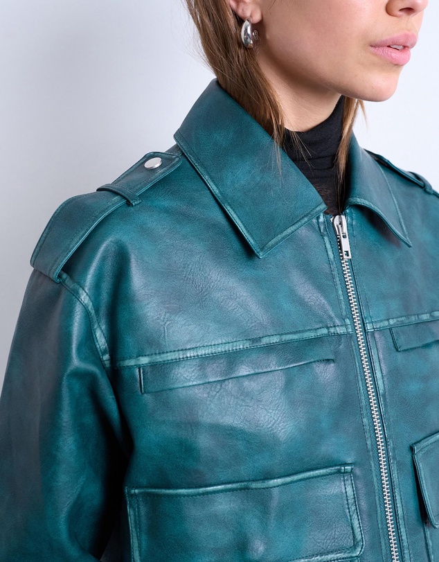 TOPSHOP - Faux Leather Heavy Washed Zip Through Jacket