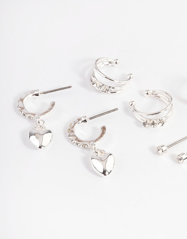 Lovisa - Silver Crystal Puffed Heart Earrings 4-Pack