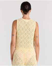 Poolside Paradiso - Messina Crochet V Knit Button Up Top - Lemon