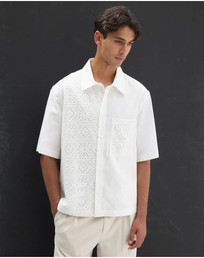 AERE - Linen Blend Broderie Contrast Shirt